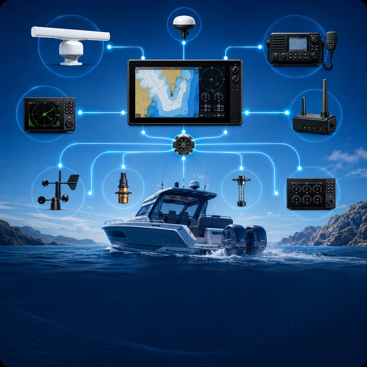 Modern boat electronics connected through a NMEA 2000 network with chartplotter, AIS, radar, GPS, sensors, and engine data on a blue ocean background.