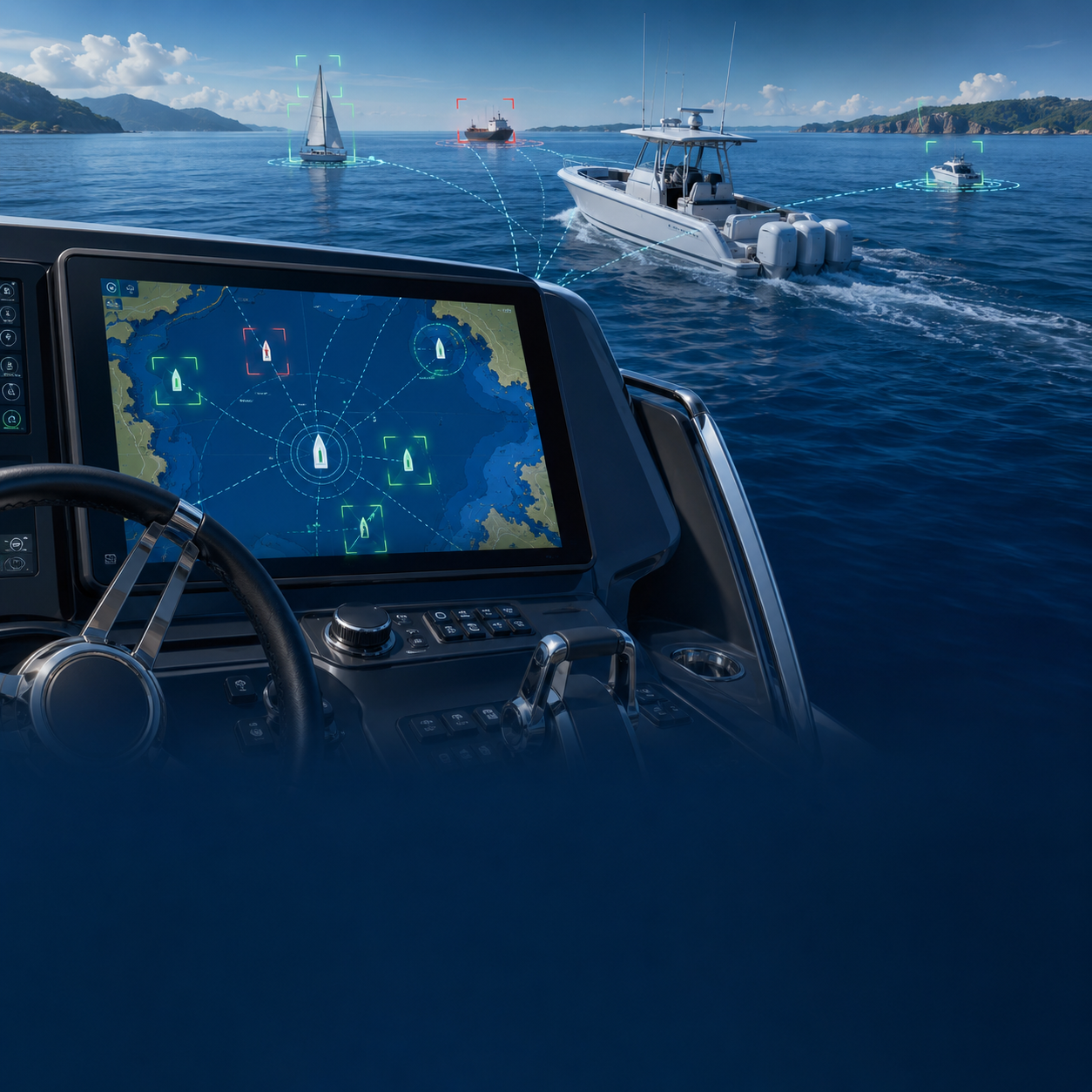 Modern boat helm with chartplotter showing AIS targets on open water with nearby vessels and deep blue ocean background.